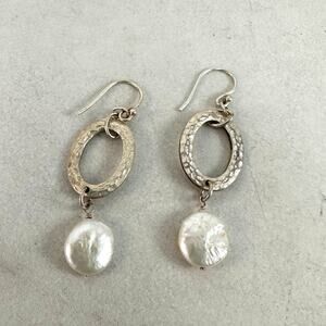 Silpada sterling silver hammered oval pearl drop earrings
